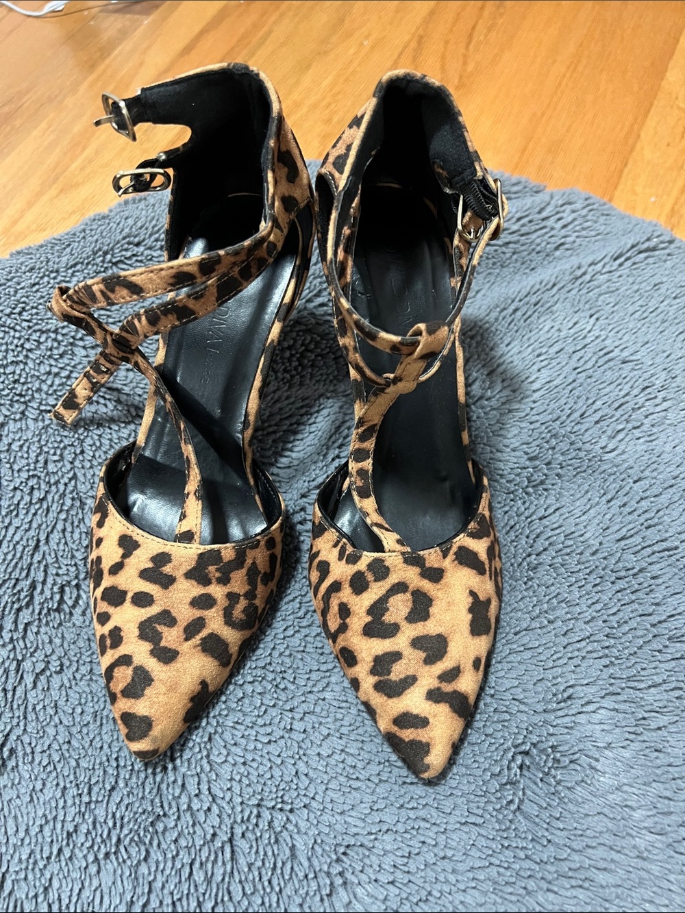 Wild Diva Leopard Print Pointed-Toe Ankle Strap Heels - Brown/Black